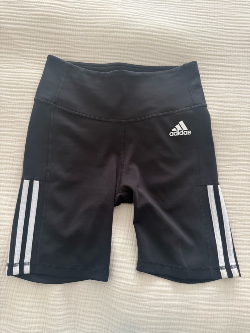 adidas Black High-Rise Athletic Bike Shorts with White Stripes